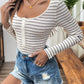 Perfee Striped Half Button Scoop Neck Long Sleeve Bodysuit