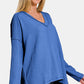 Zenana Texture Exposed Seam V-Neck Long Sleeve T-Shirt