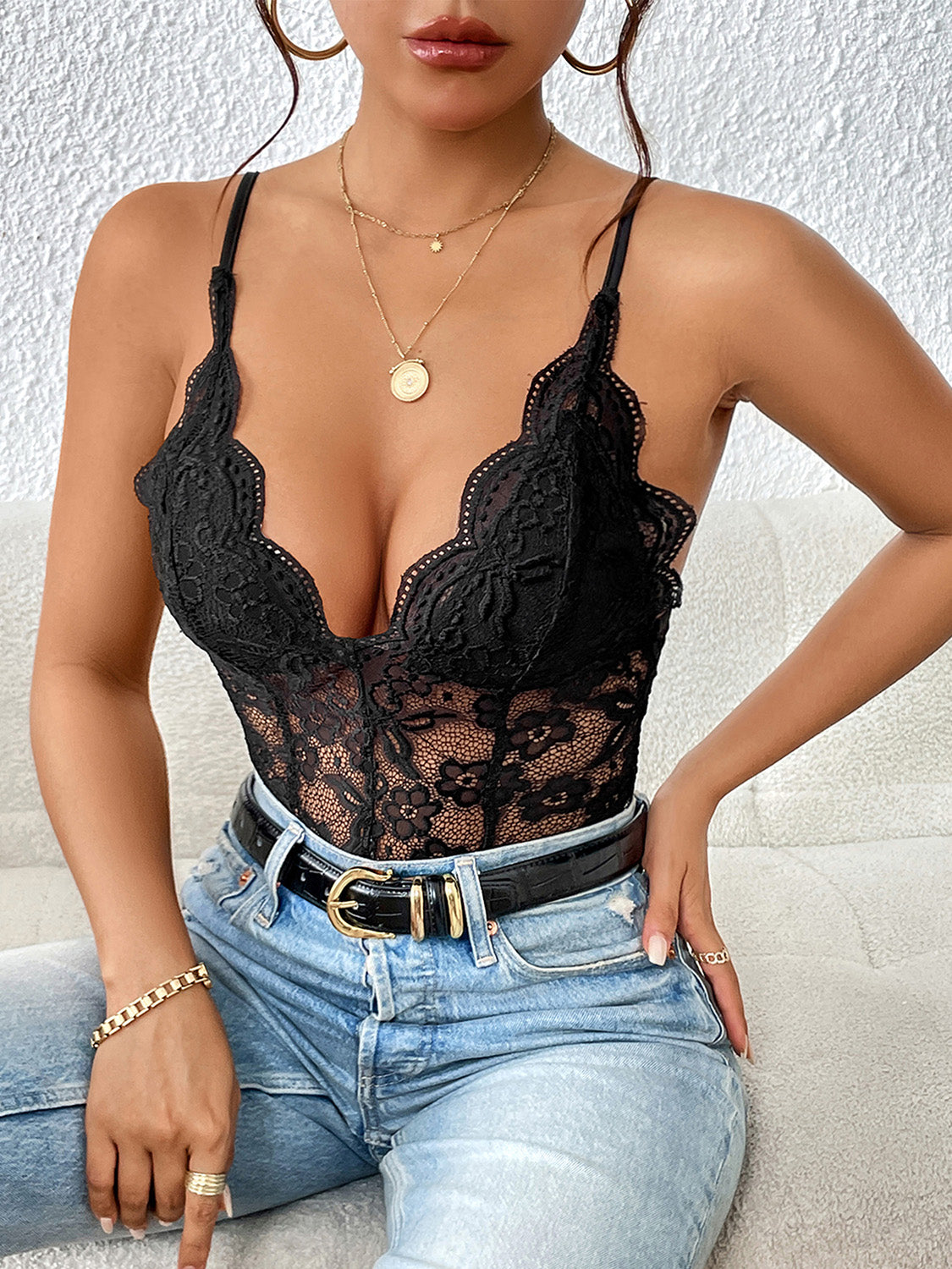 Perfee Lace V-Neck Spaghetti Strap Bodysuit