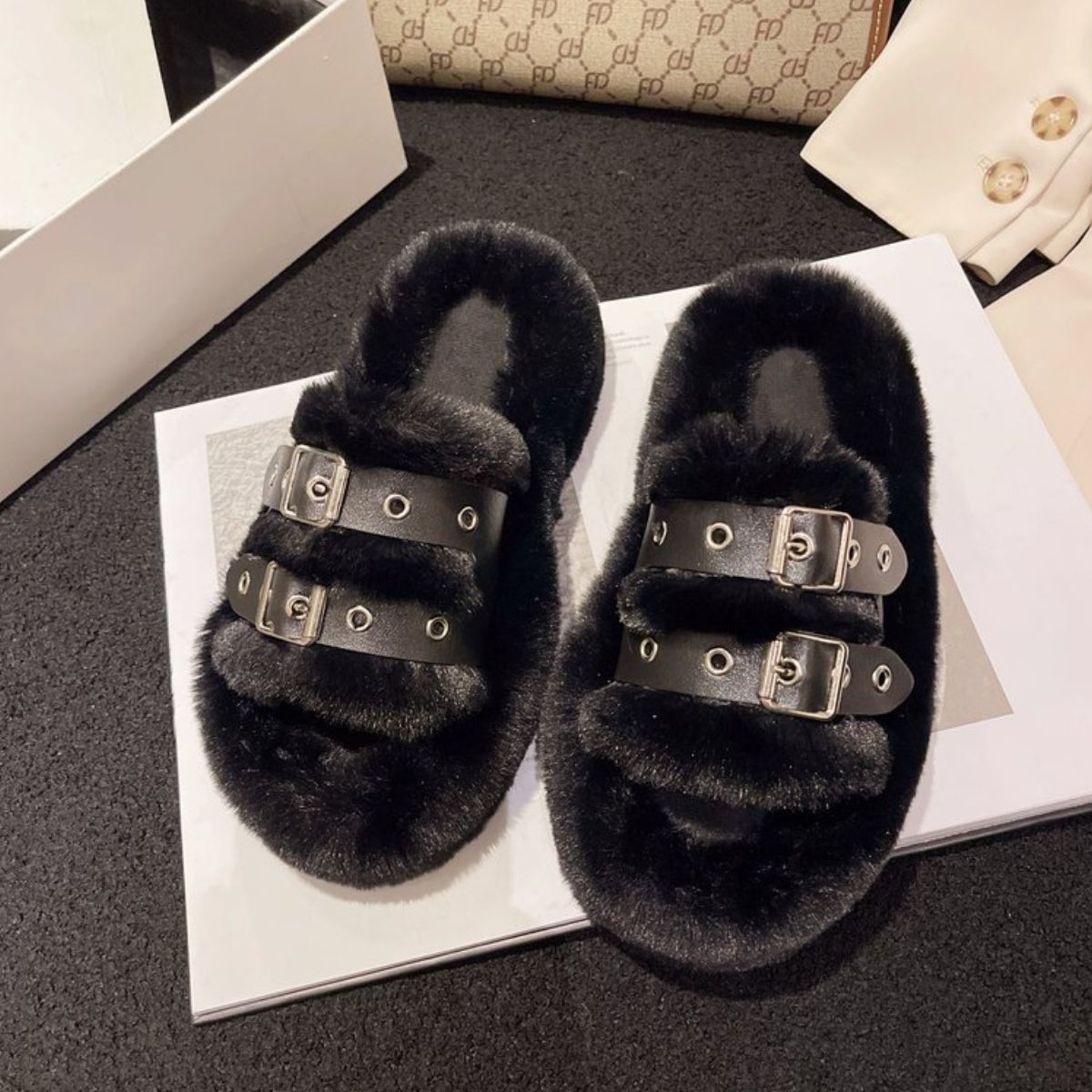 Faux Fur Furry Buckle Slippers