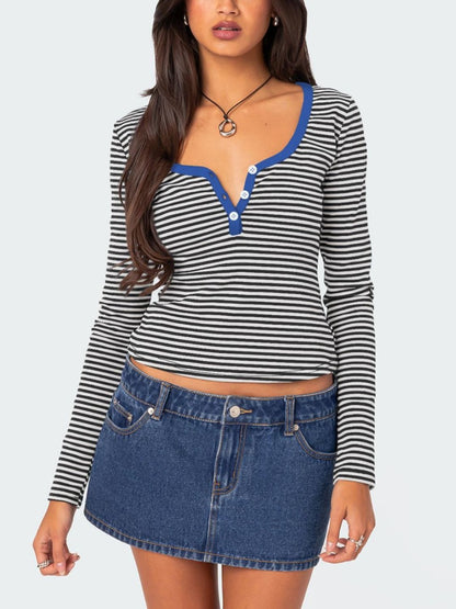 Buttoned Striped Long Sleeve T-Shirt