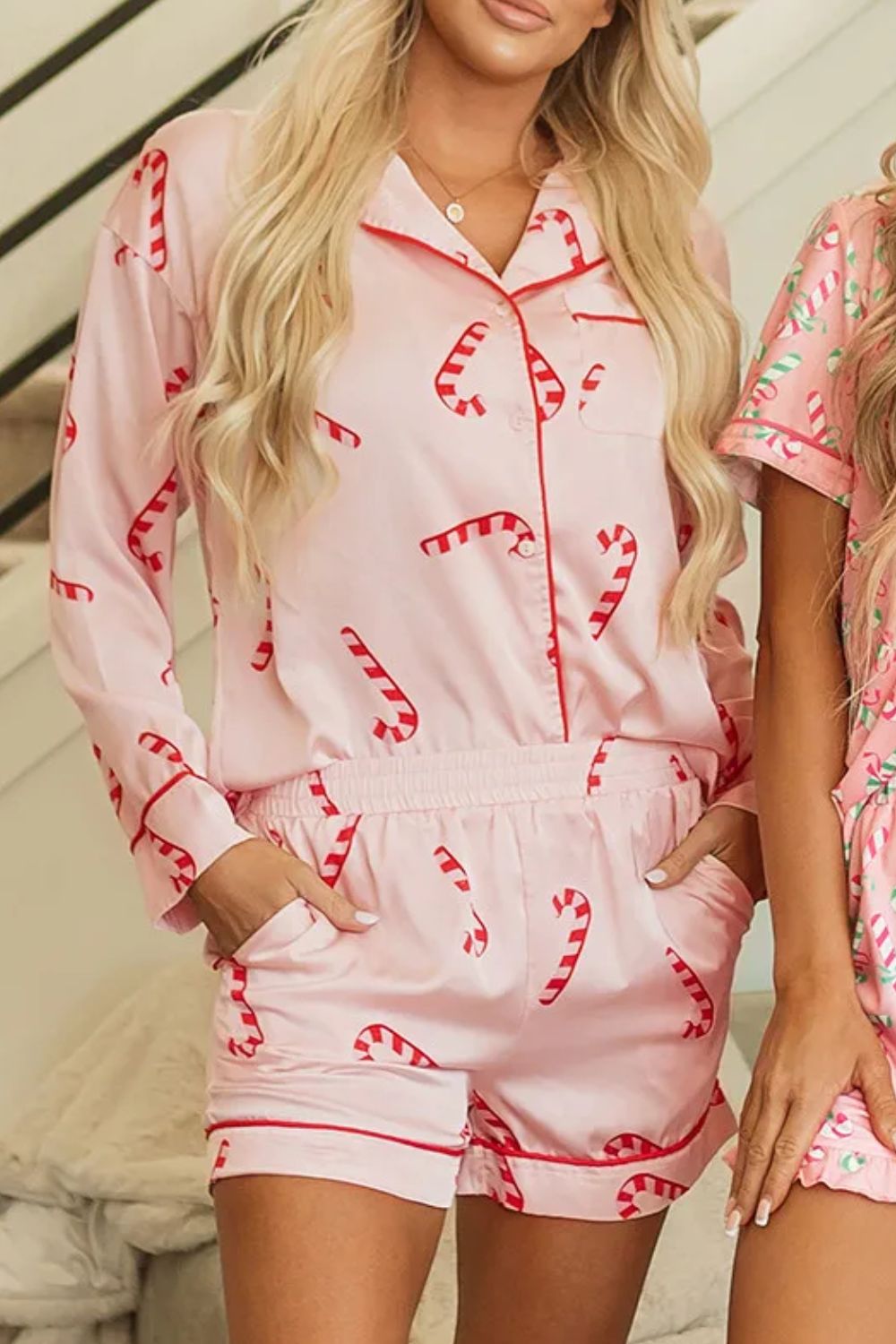 Candy Cane Collared Neck Long Sleeve Top and Shorts Lounge Set