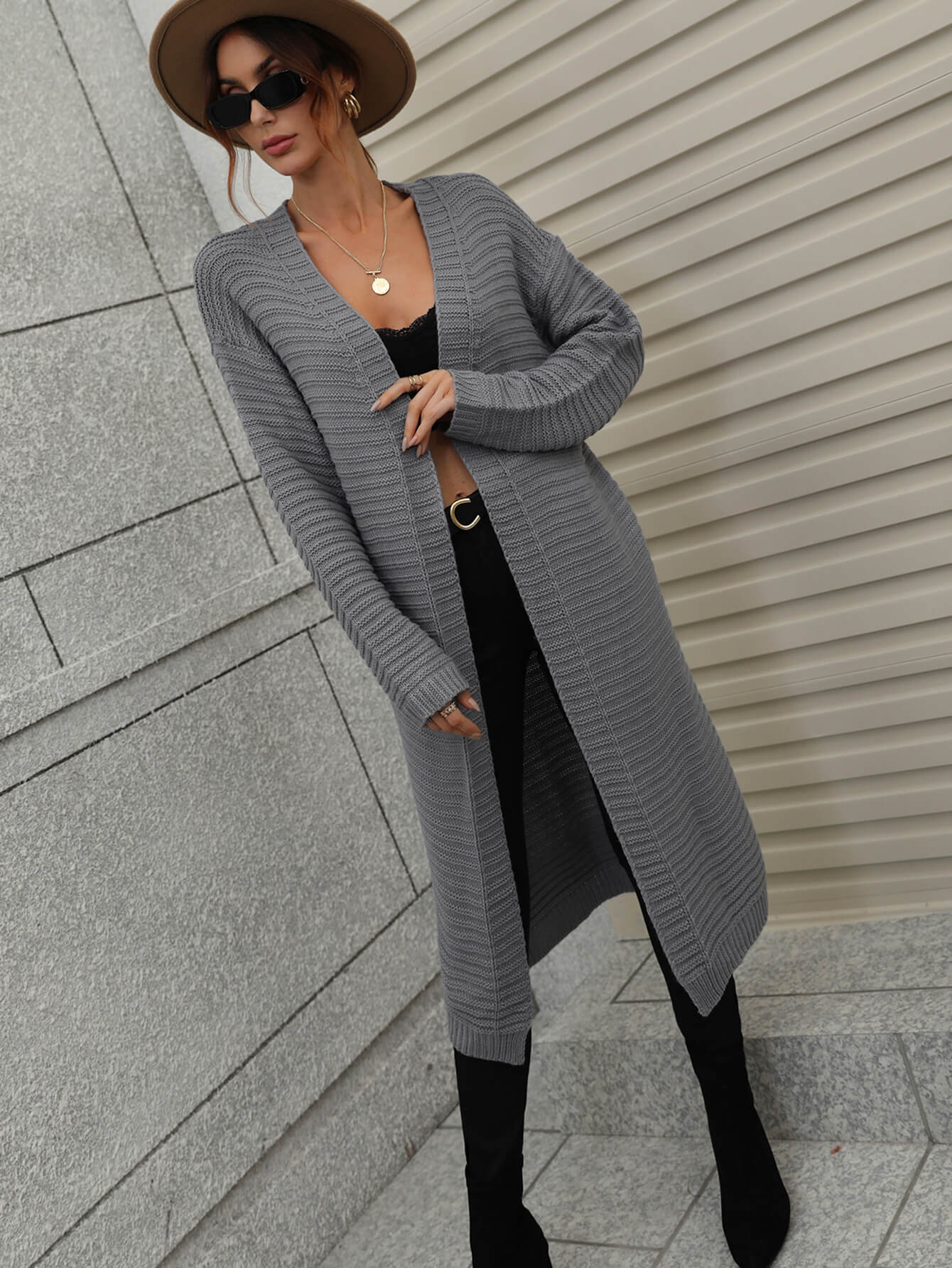 Horizontal Ribbing Dropped Shoulder Cardigan