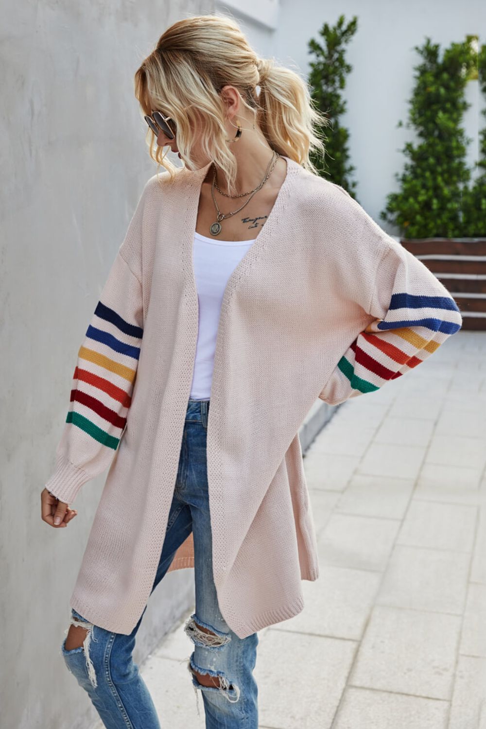 Multicolored Stripe Open Front Longline Cardigan