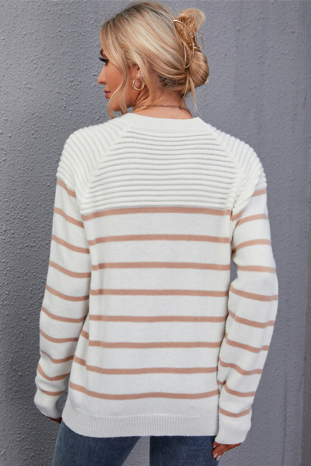 Striped Button Detail Round Neck Sweater