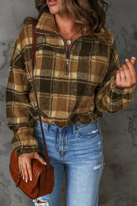 Plaid Quarter-Zip Fleece Sweatshirt