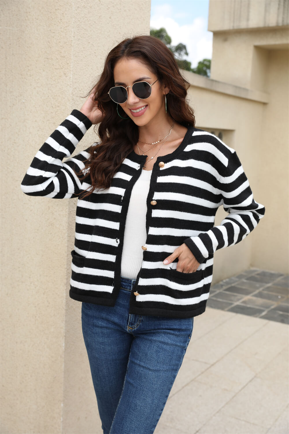 Striped Button Down Round Neck Cardigan