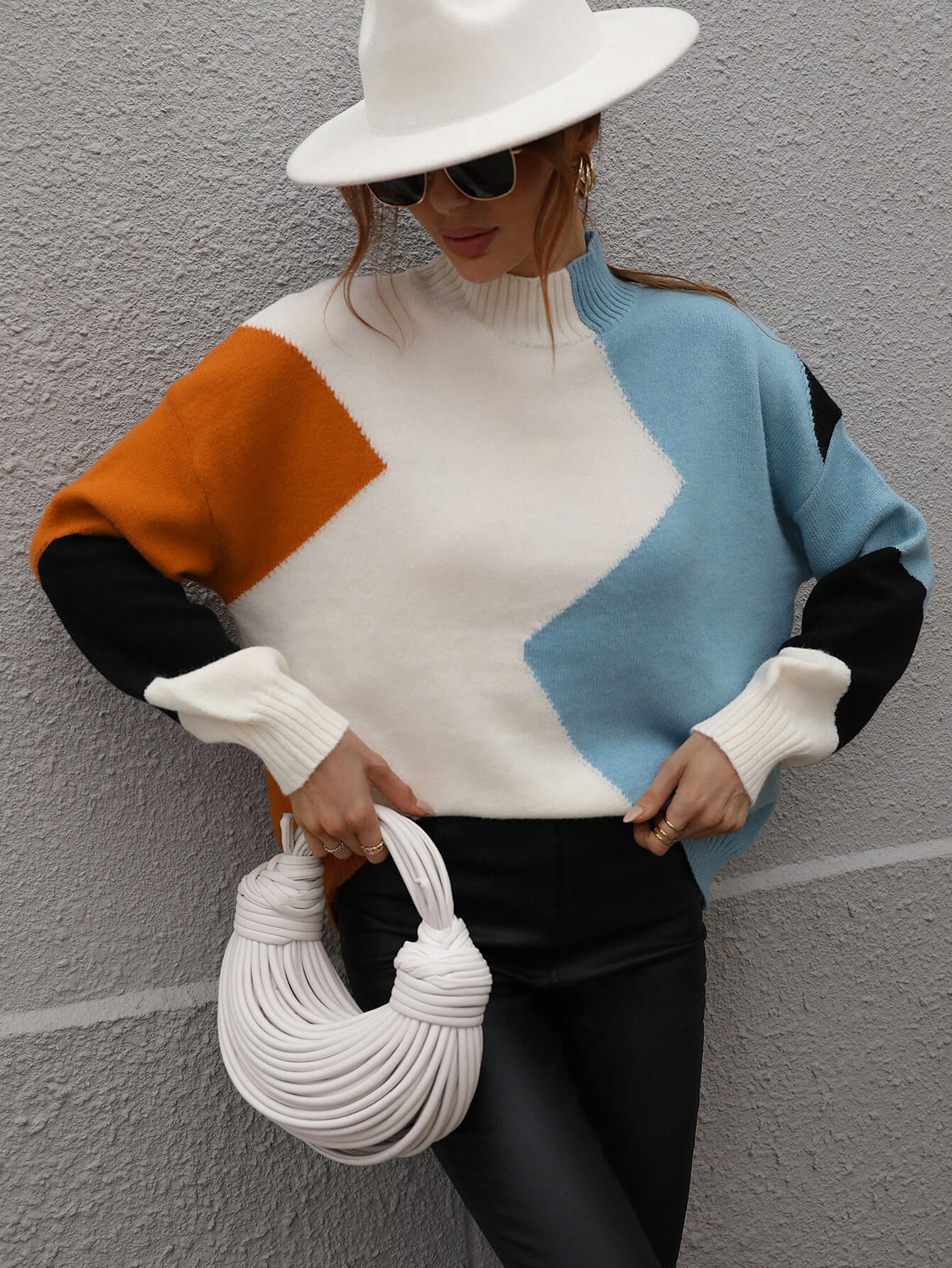 Color Block Mock Neck Drop Shoulder Pullover Sweater