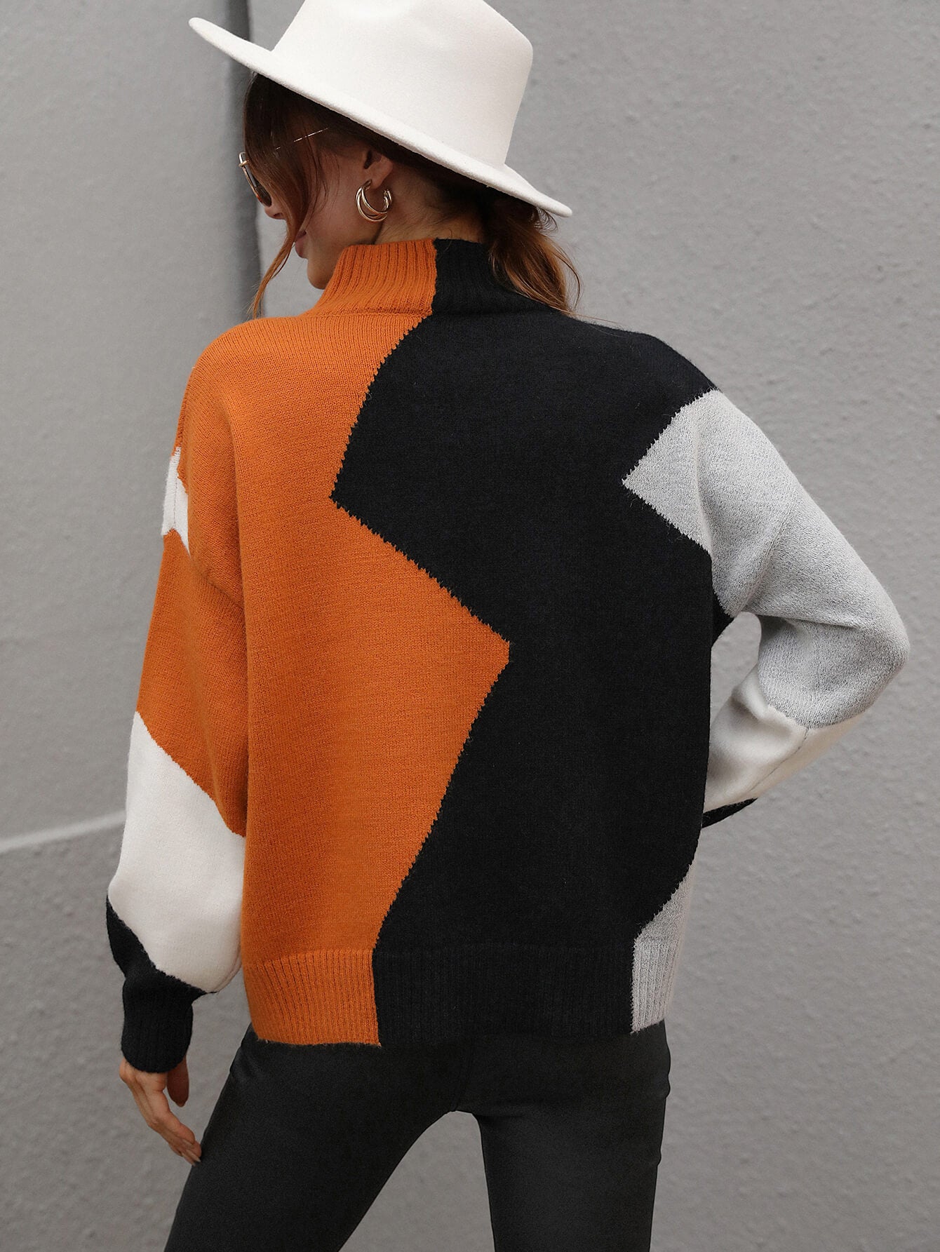 Color Block Mock Neck Drop Shoulder Pullover Sweater