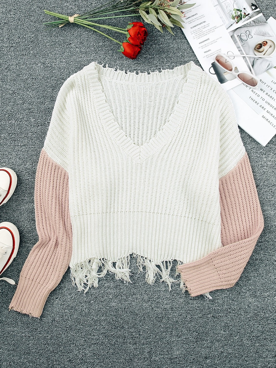 Fringe Hem Rib-Knit Sweater