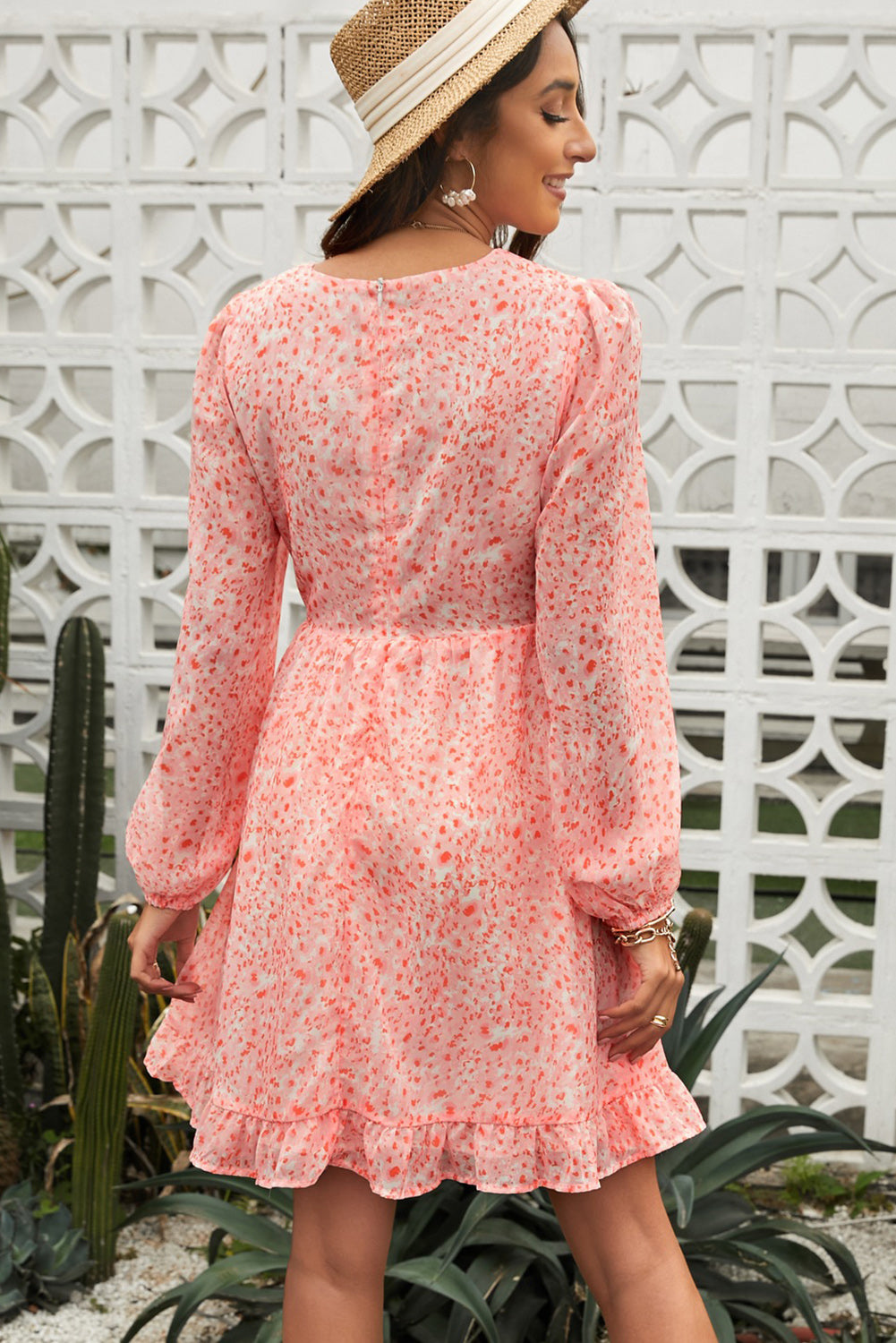 Ditsy Floral Cutout Drawstring Detail Puff Sleeve Dress