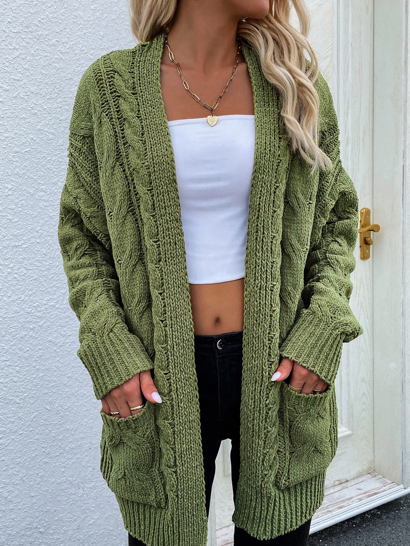 Cable-Knit Open Front Cardigan with Front Pockets