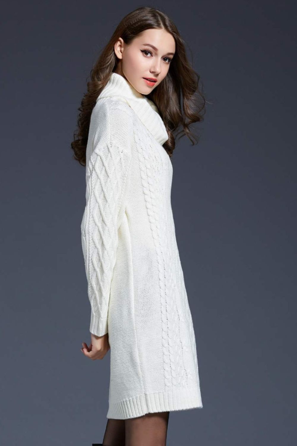 Full Size Mixed Knit Cowl Neck Dropped Shoulder Sweater Dress