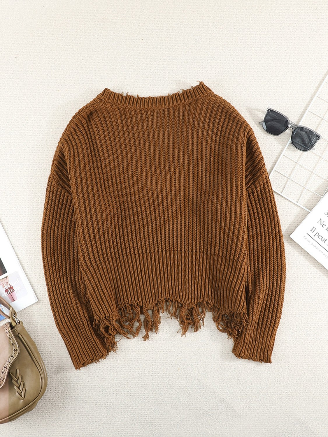 Fringe Hem Rib-Knit Sweater