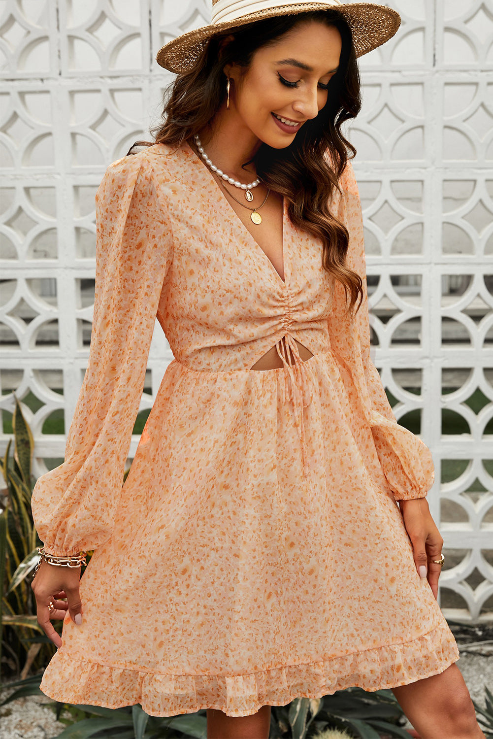 Ditsy Floral Cutout Drawstring Detail Puff Sleeve Dress