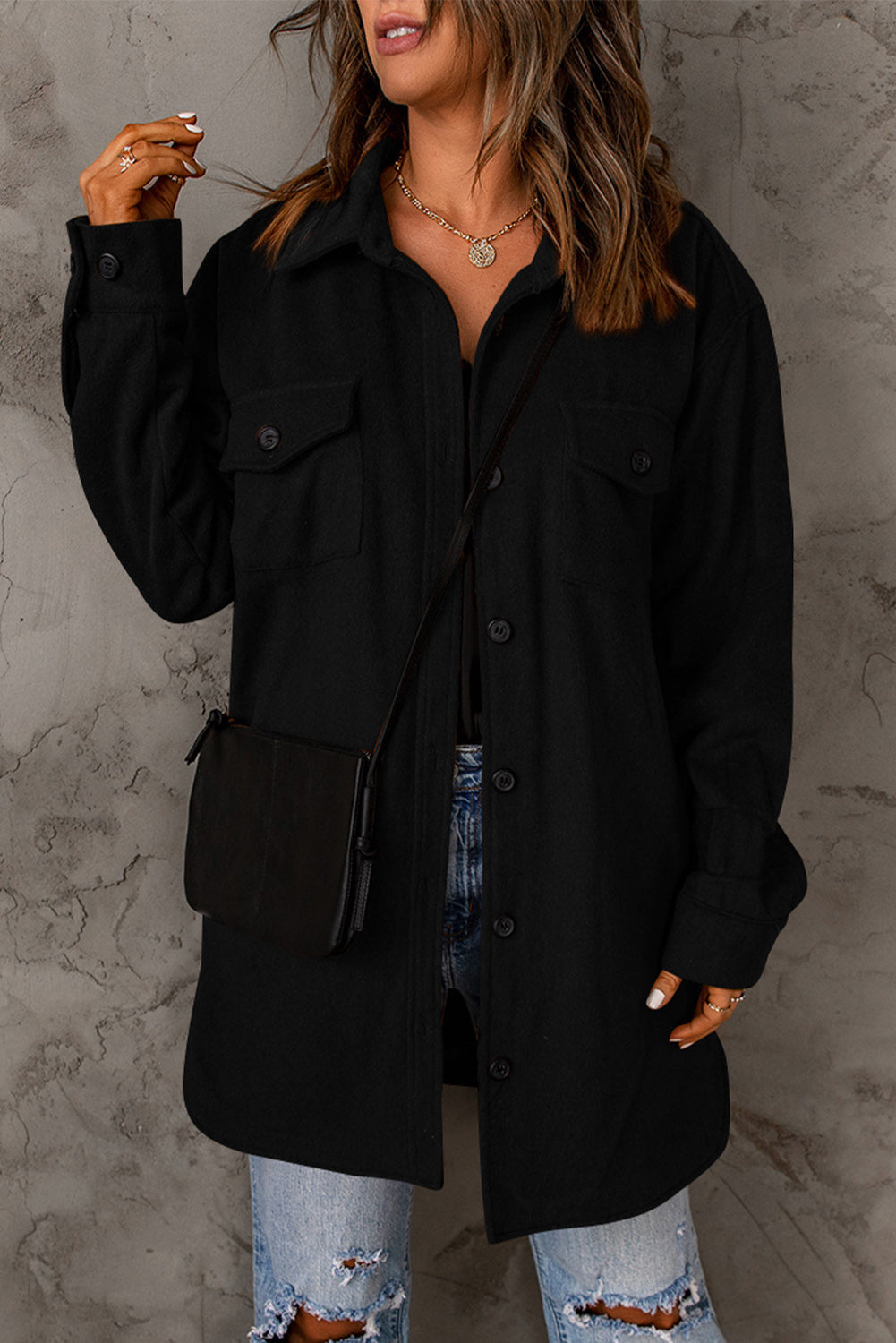 Button Down Longline Shirt Jacket with Pockets