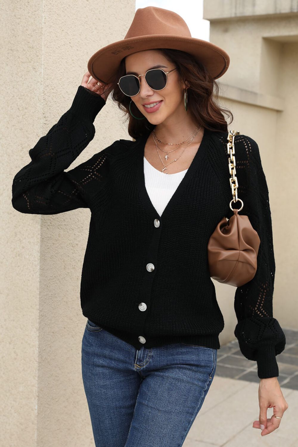 Openwork Raglan Sleeve Cardigan