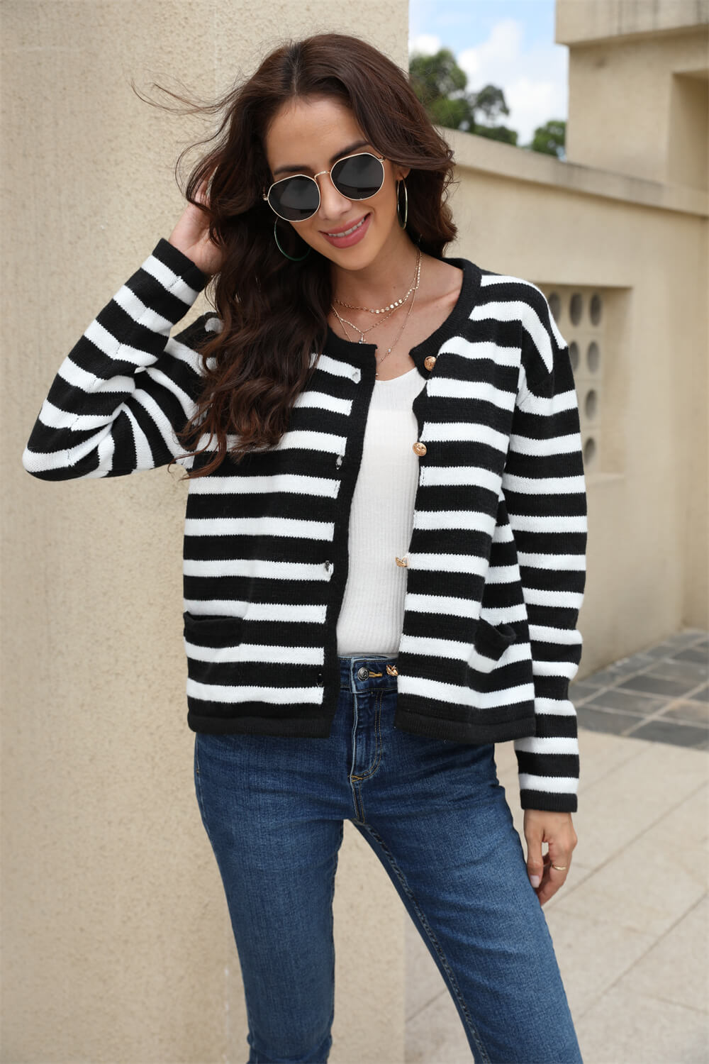 Striped Button Down Round Neck Cardigan