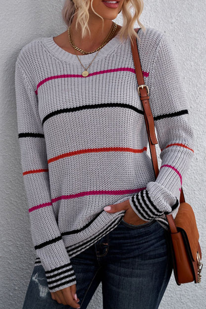 Striped Ribbed Round Neck Long Sleeve Sweater