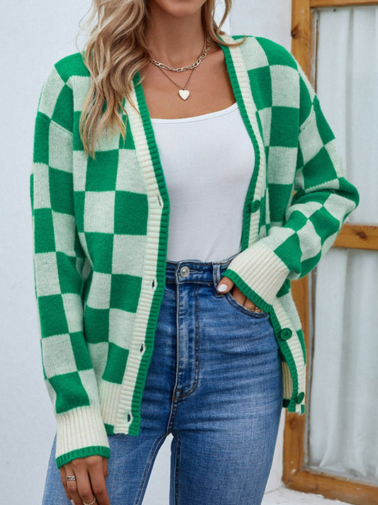 Checkered Button Front Ribbed Trim Cardigan