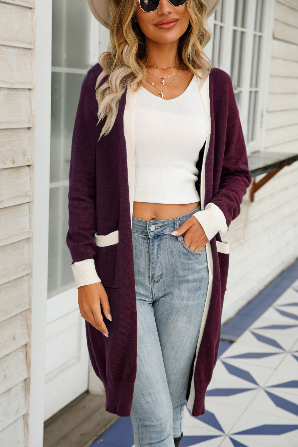 Contrast Dropped Shoulder Ribbed Trim Cardigan