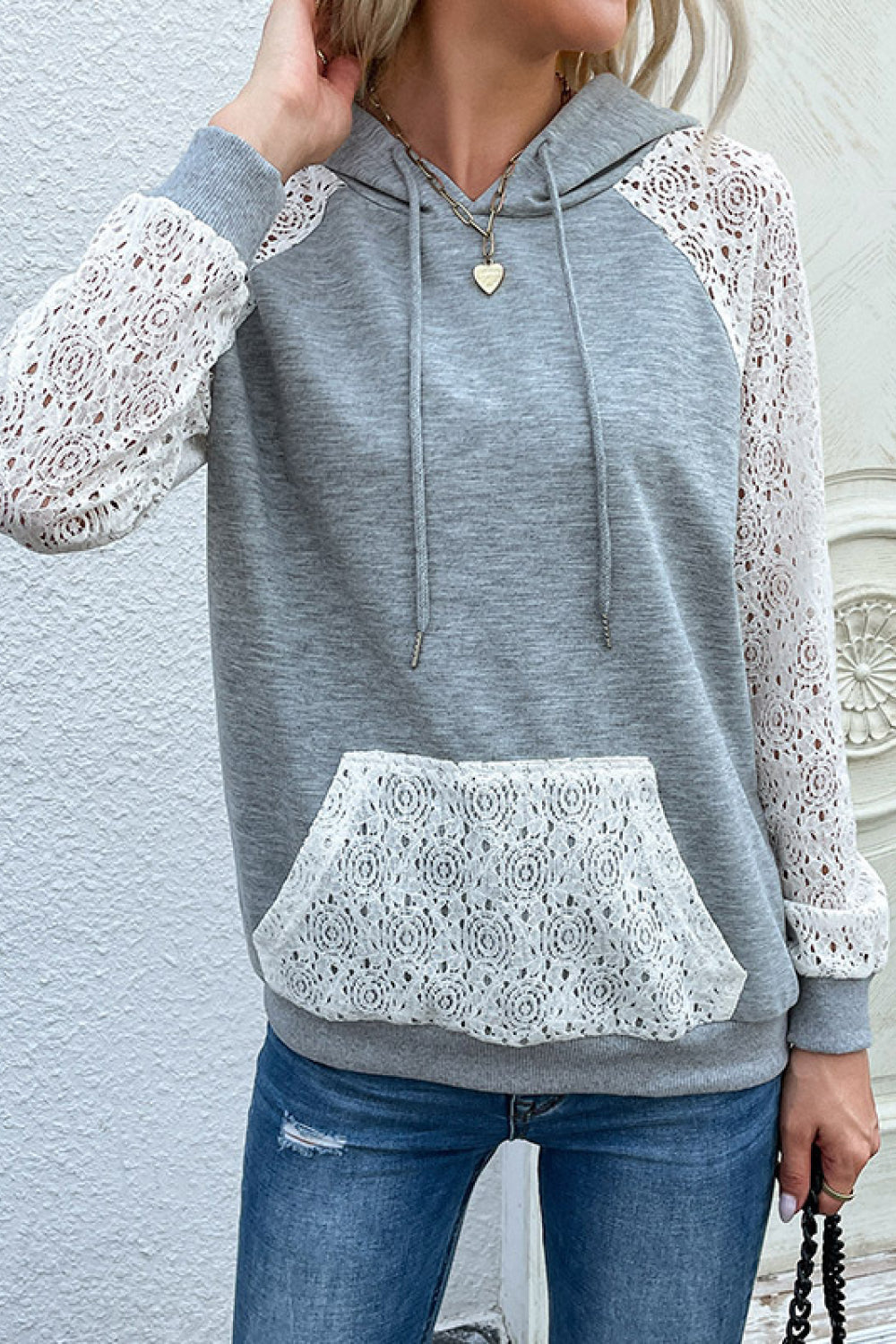 Lace Raglan Sleeve Drawstring Hoodie