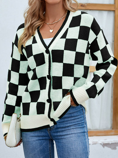 Checkered Button Front Ribbed Trim Cardigan