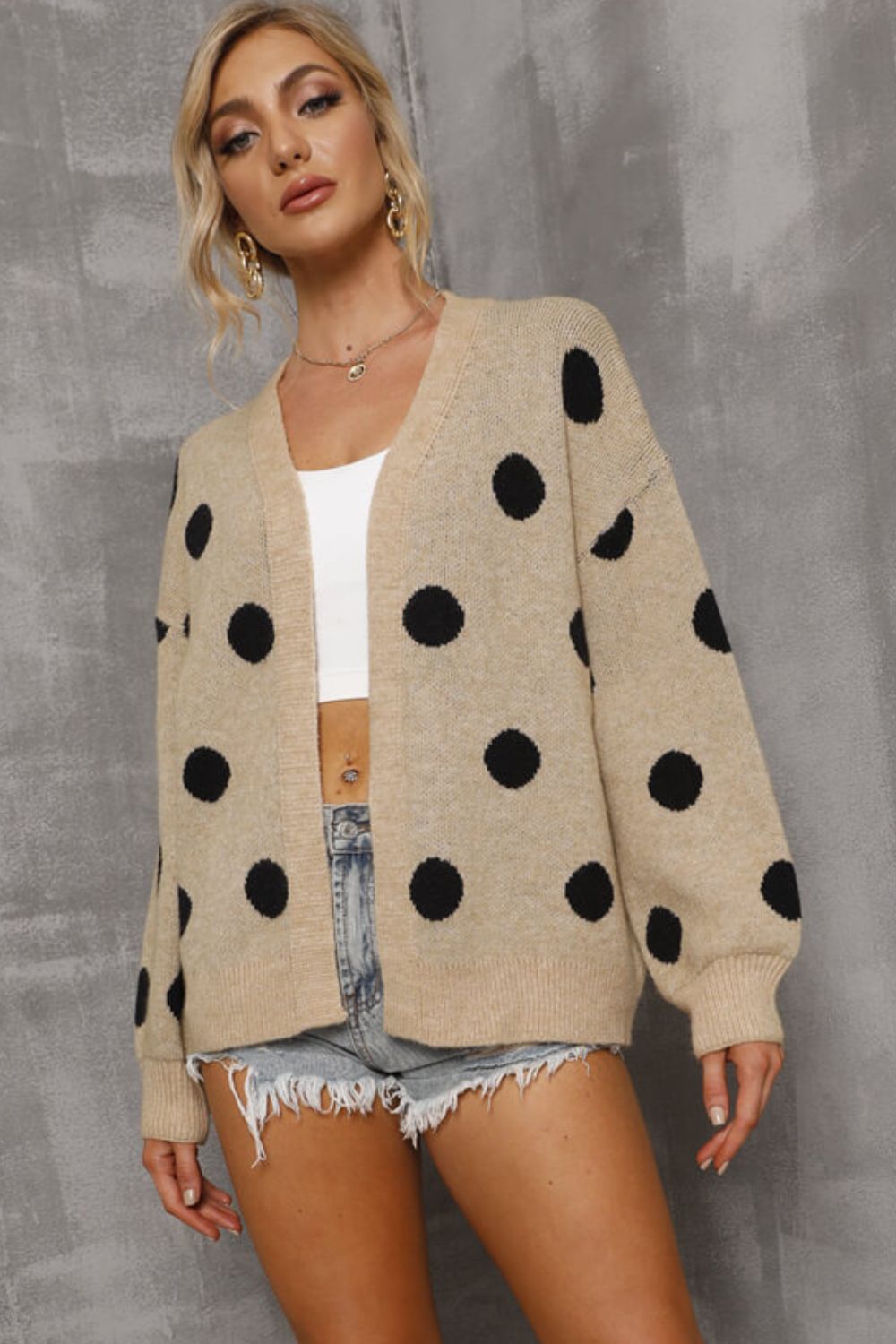 Polka Dot Open Front Dropped Shoulder Cardigan