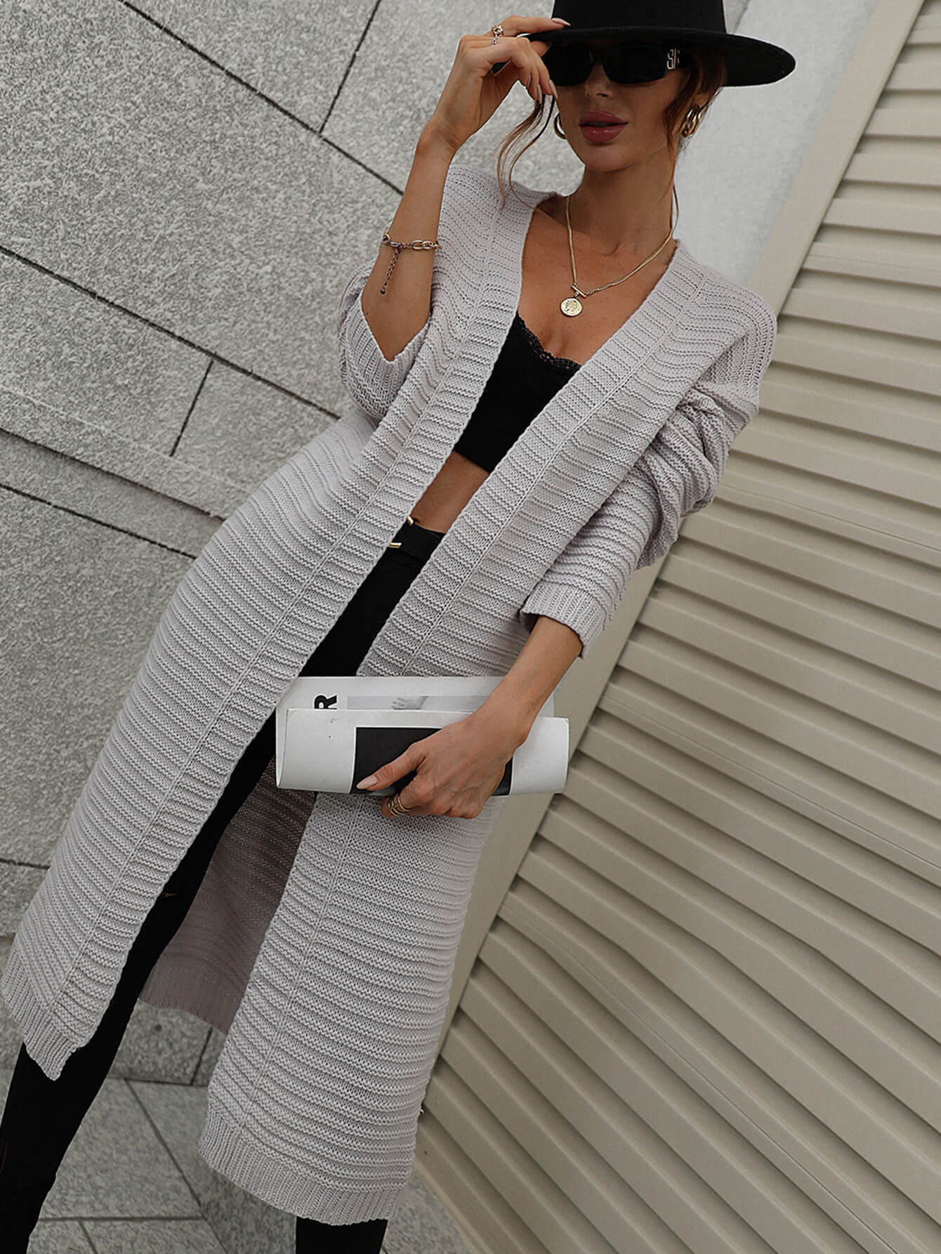 Horizontal Ribbing Dropped Shoulder Cardigan