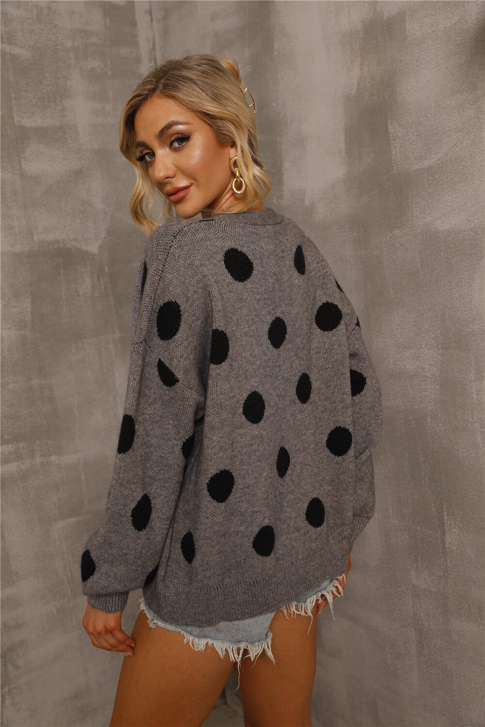 Polka Dot Open Front Dropped Shoulder Cardigan