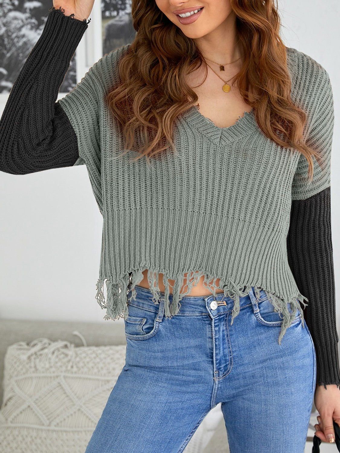 Fringe Hem Rib-Knit Sweater