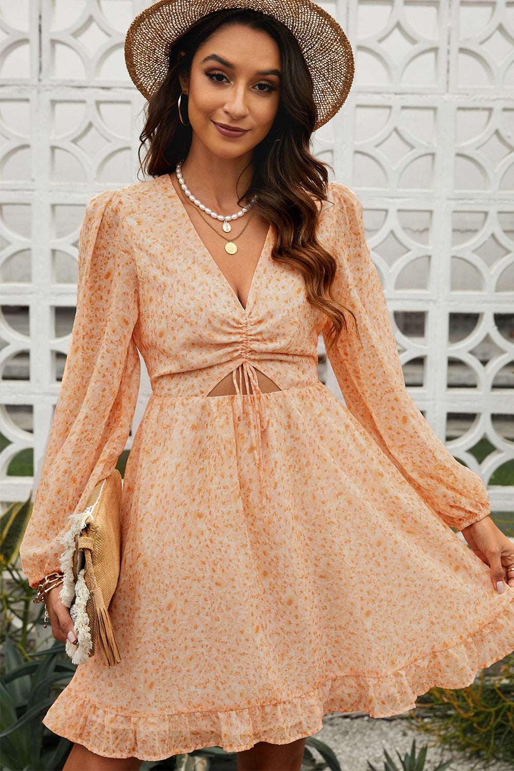 Ditsy Floral Cutout Drawstring Detail Puff Sleeve Dress