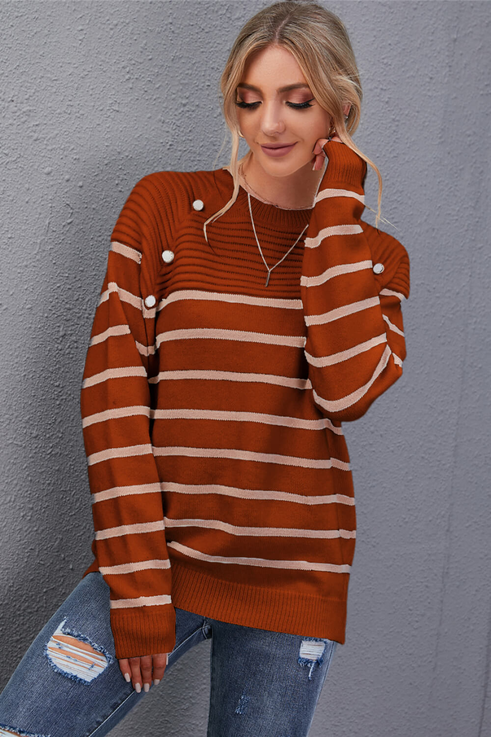 Striped Button Detail Round Neck Sweater