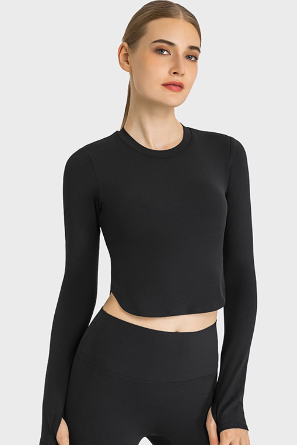 Side Slit Long Sleeve Round Neck Crop Top