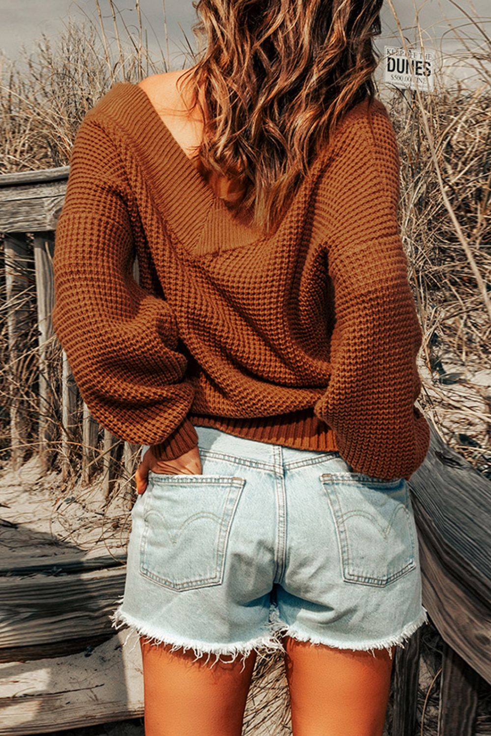 Rib-Knit Drop Shoulder V-Neck Sweater