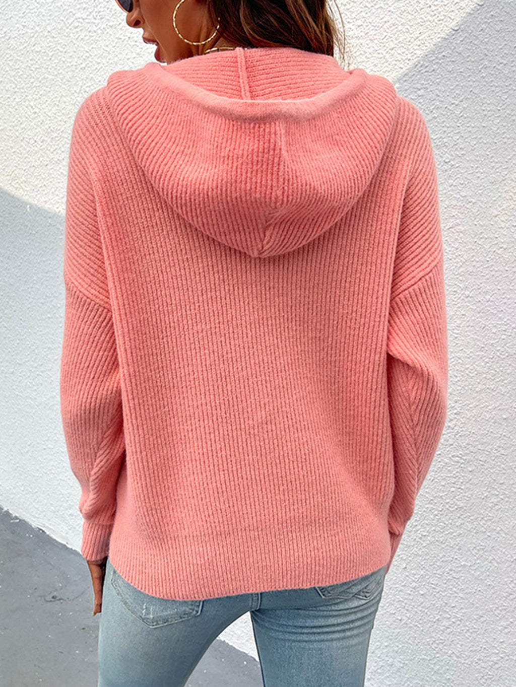 Rib-Knit Hooded Drawstring Sweater