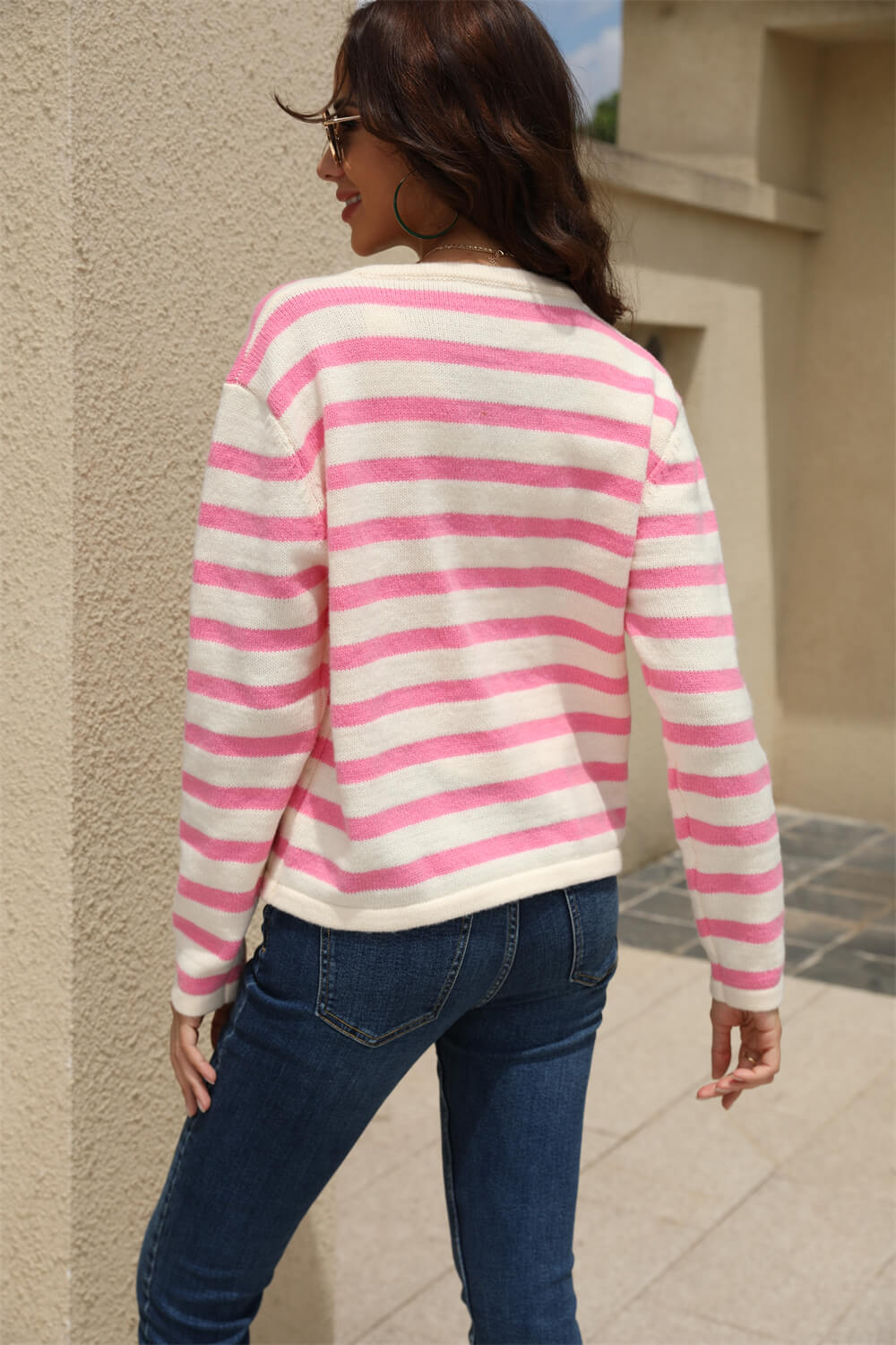 Striped Button Down Round Neck Cardigan