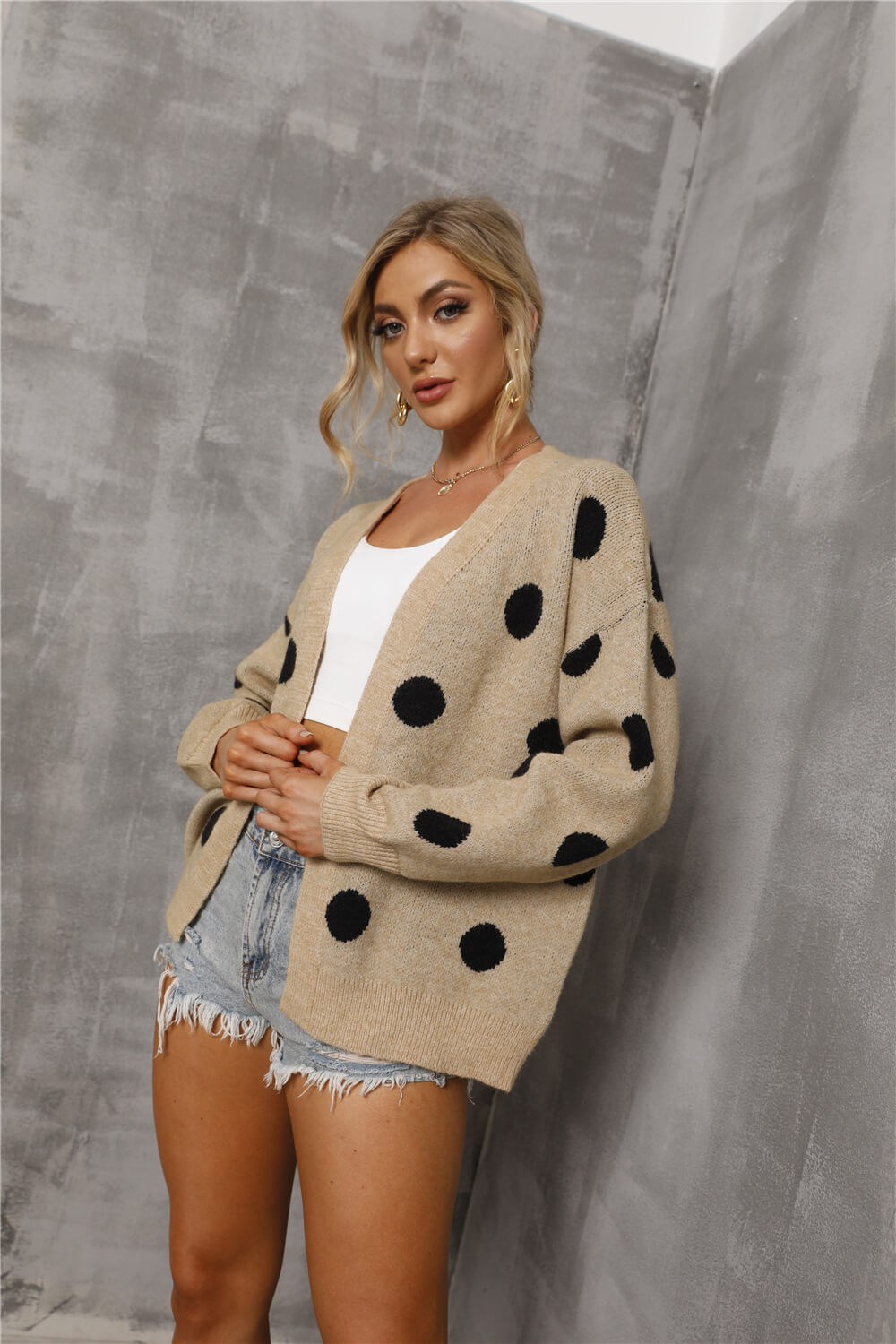 Polka Dot Open Front Dropped Shoulder Cardigan