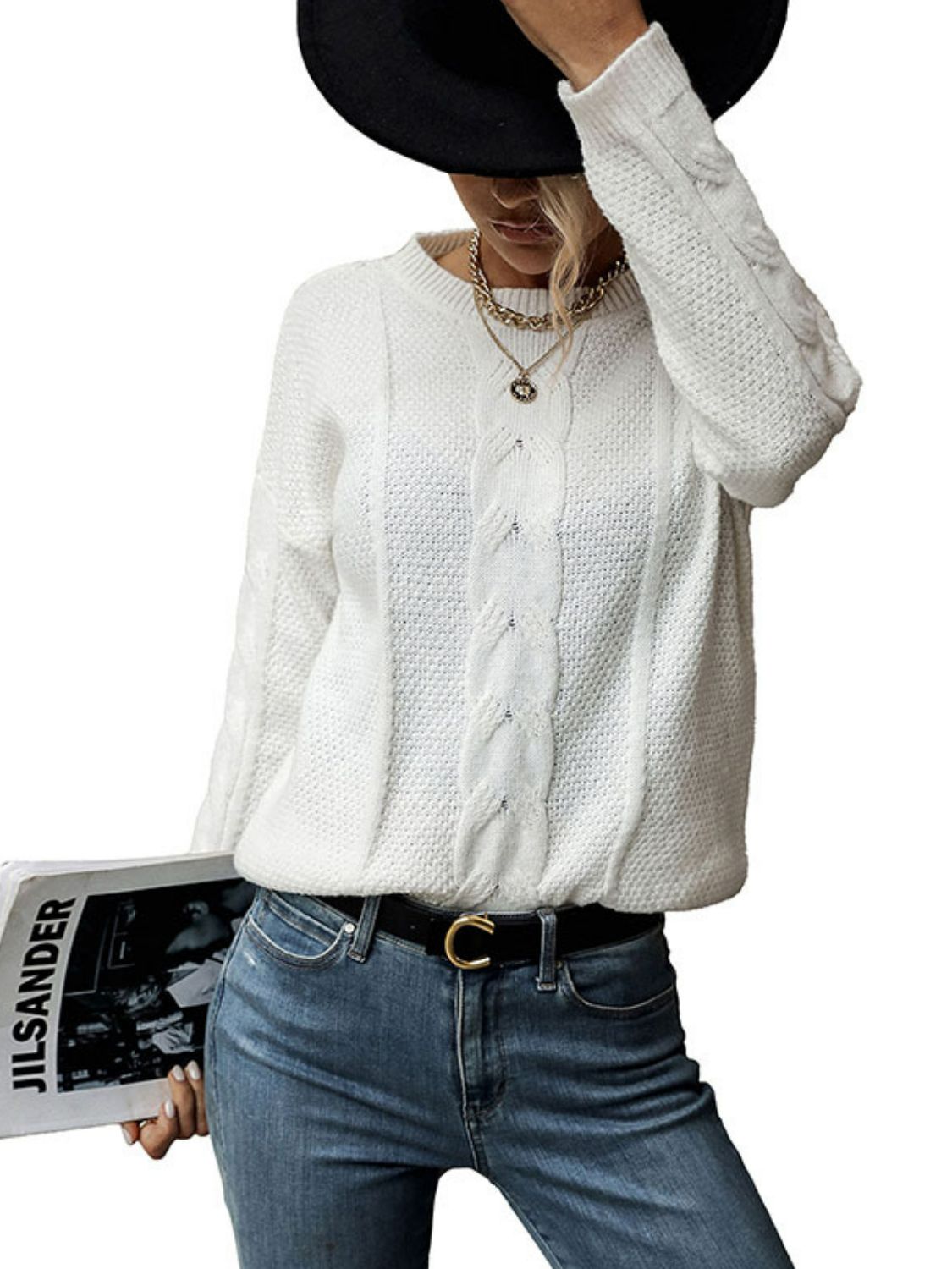 Dropped Shoulder Round Neck Cable-Knit Sweater