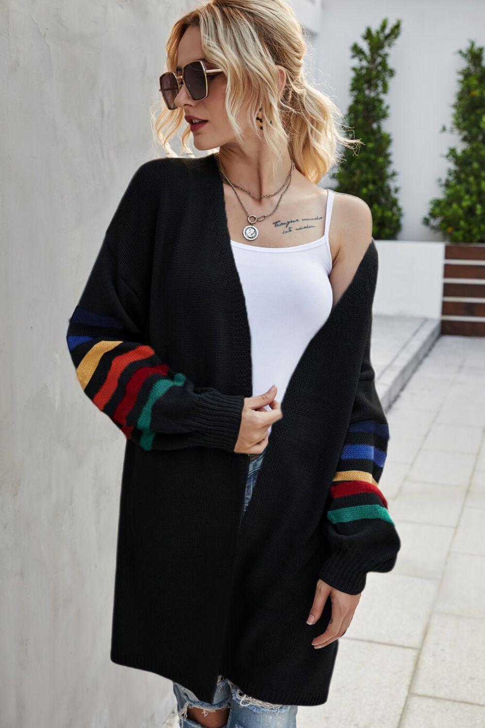 Multicolored Stripe Open Front Longline Cardigan