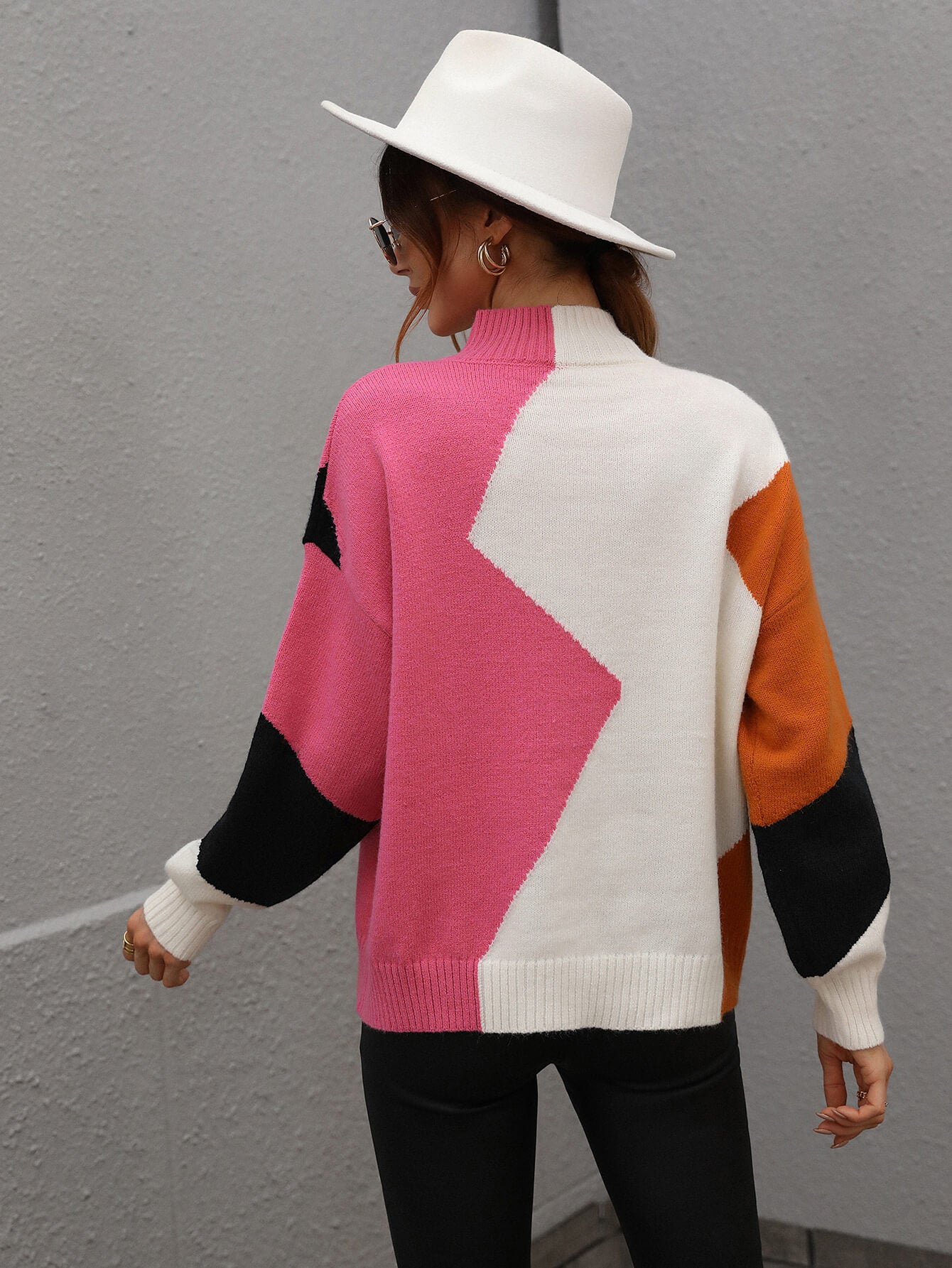 Color Block Mock Neck Drop Shoulder Pullover Sweater