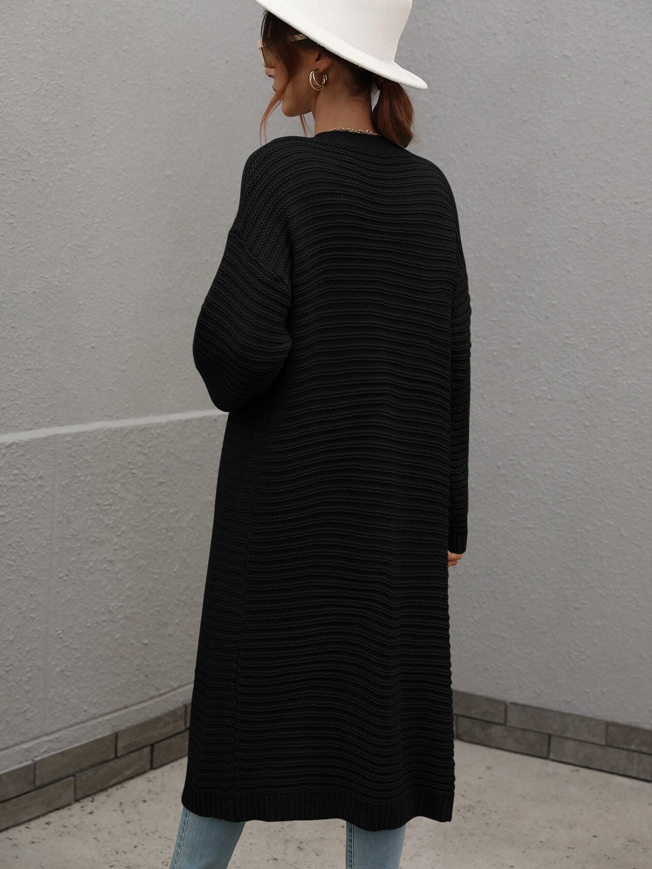 Horizontal Ribbing Dropped Shoulder Cardigan