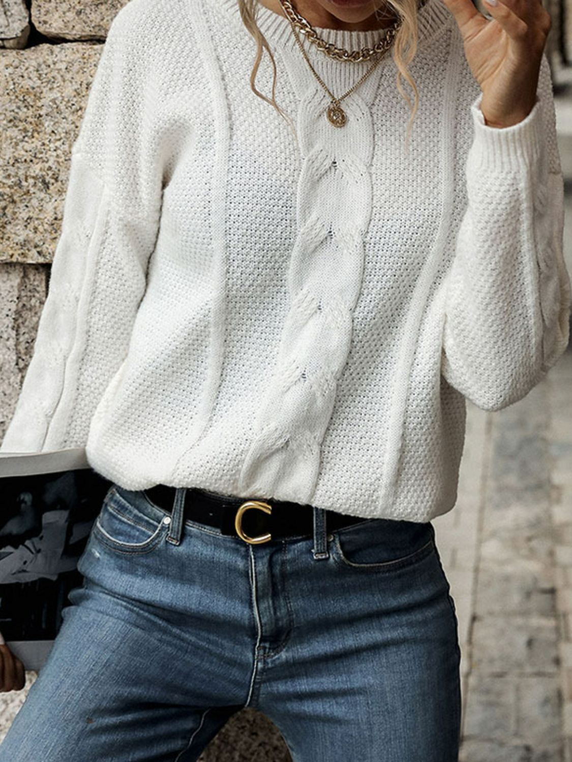 Dropped Shoulder Round Neck Cable-Knit Sweater