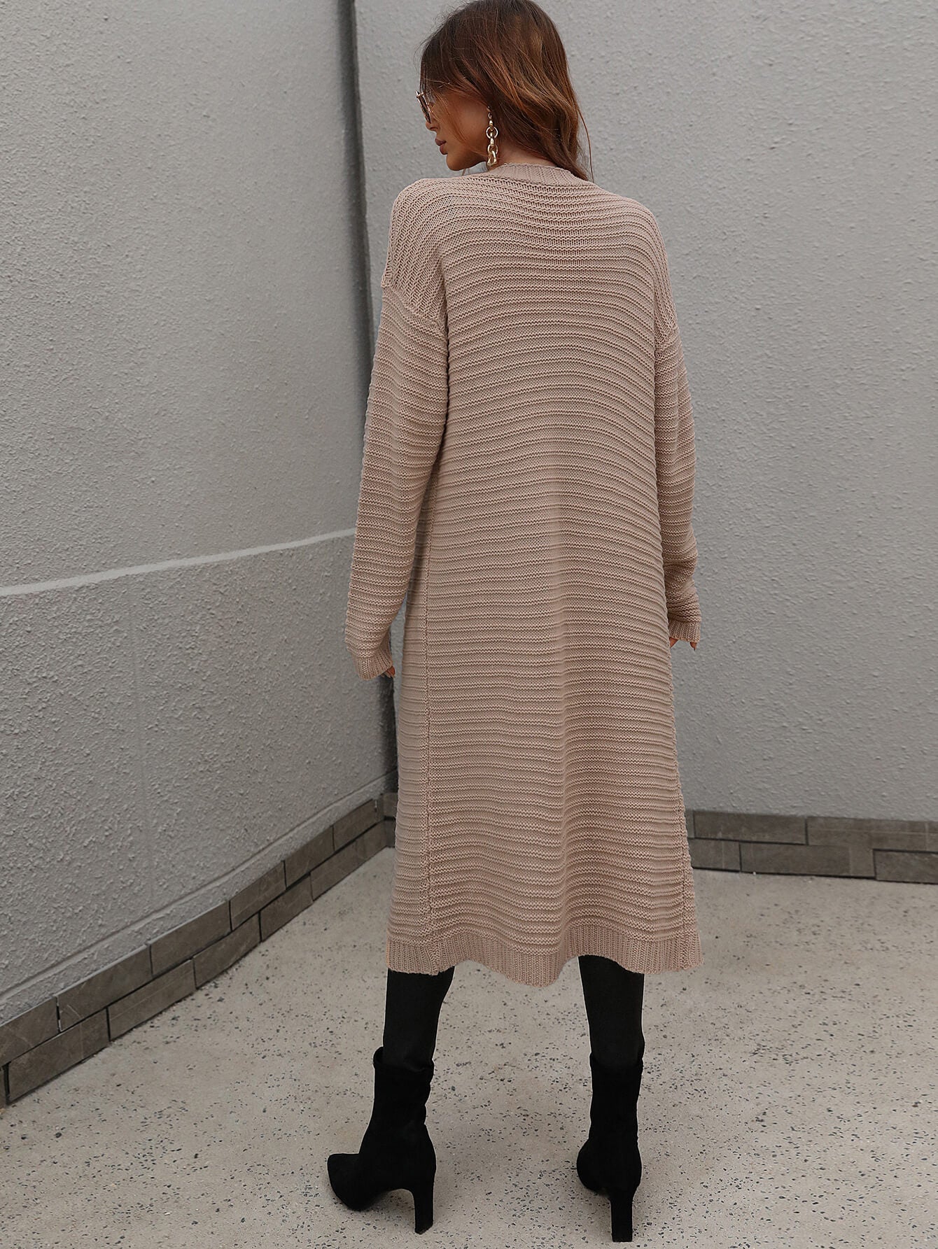 Horizontal Ribbing Dropped Shoulder Cardigan