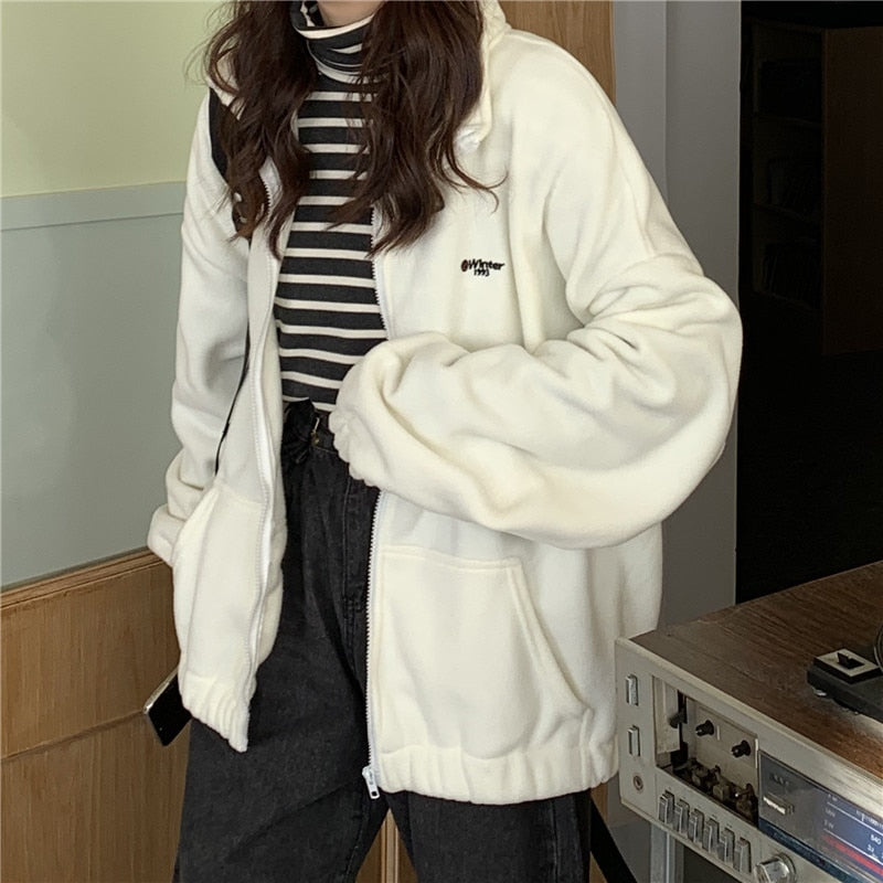 Zip-Up Hoodie Women Autumn Winter Fleece Oversized Sweatshirt Harajuku Bf Ulzzang Streetwear Loose Pockets Jacket Casual Tops