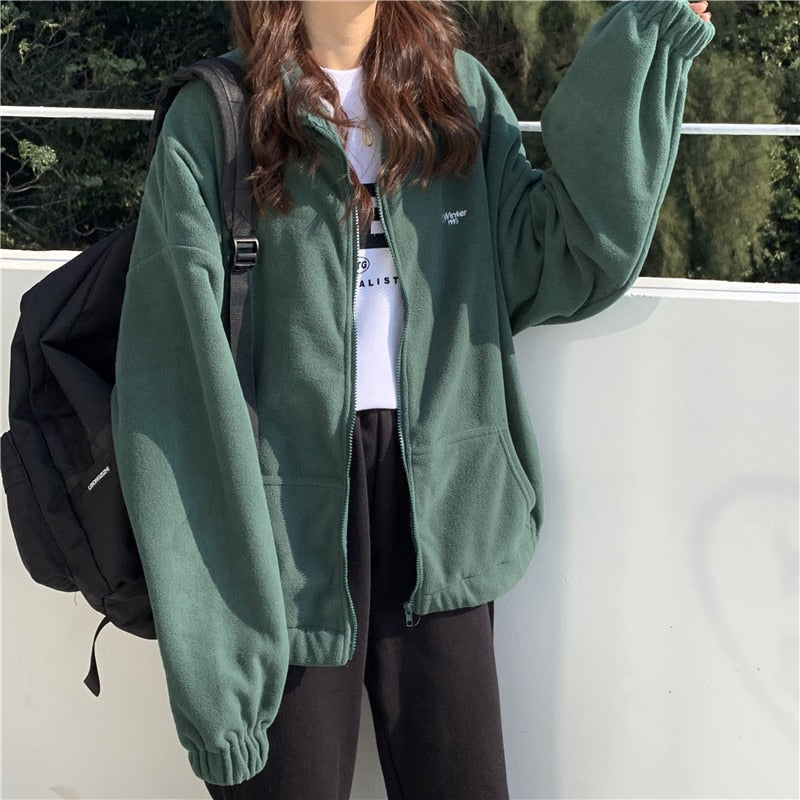 Zip-Up Hoodie Women Autumn Winter Fleece Oversized Sweatshirt Harajuku Bf Ulzzang Streetwear Loose Pockets Jacket Casual Tops