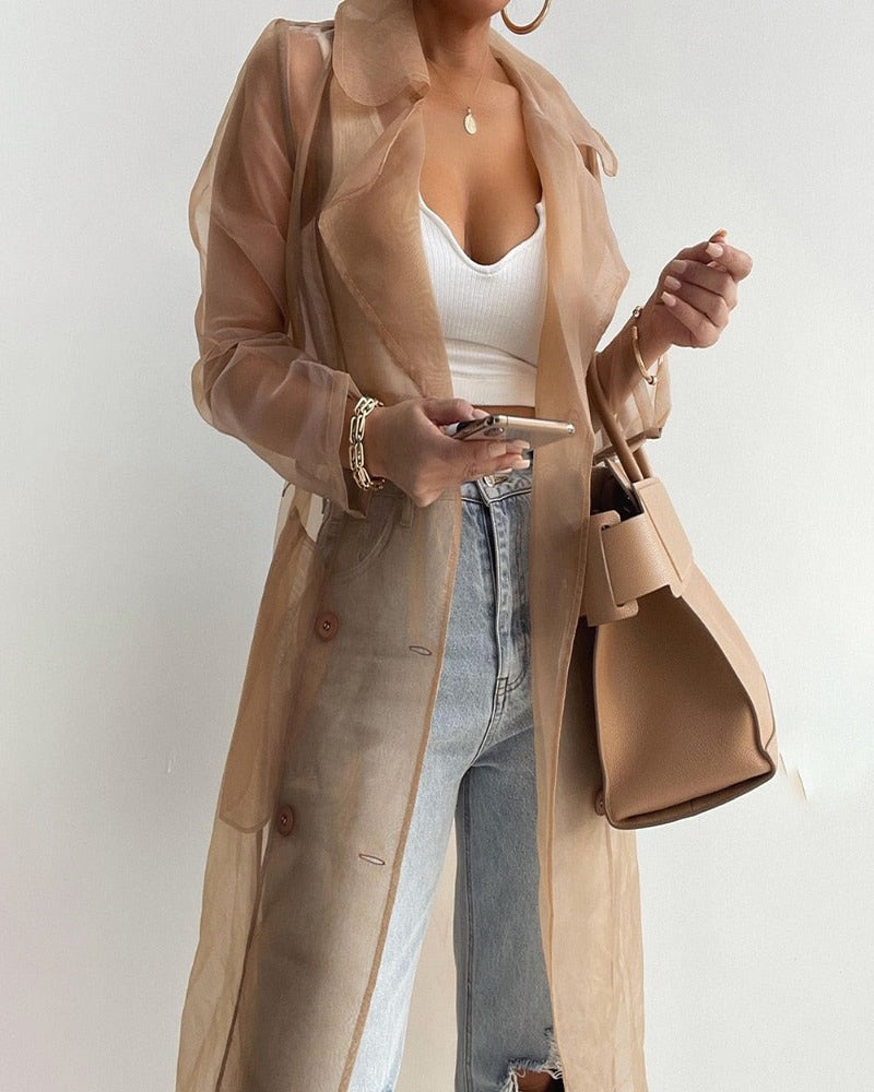 Women Fashion See Through Outdoor Tops Lace Up Spring Solid Sheer Mesh Long Sleeve Buttoned Coat With Belt Elegant Shirts