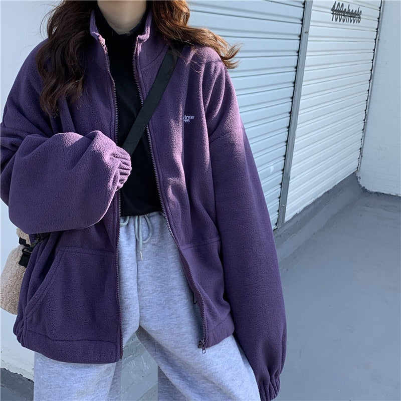 Zip-Up Hoodie Women Autumn Winter Fleece Oversized Sweatshirt Harajuku Bf Ulzzang Streetwear Loose Pockets Jacket Casual Tops