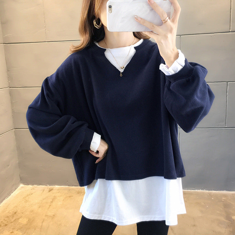 Fake two-piece long-sleeved sweater tide 2021 autumn new large size women's loose round collar 200 pounds fat mm cover meat tops