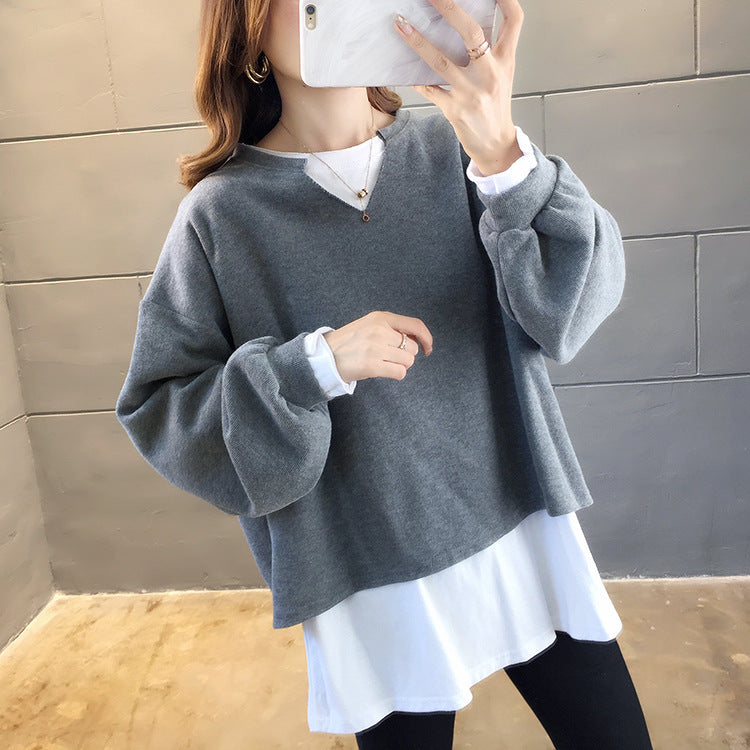 Fake two-piece long-sleeved sweater tide 2021 autumn new large size women's loose round collar 200 pounds fat mm cover meat tops